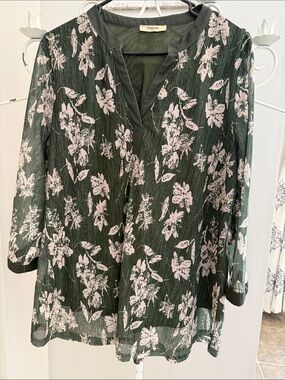 Timeson Green Floral V-Neck Blouse with Pink Print